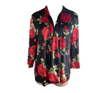 Slinky Brand Red Roses Velvet Open Front Cardigan Size XL